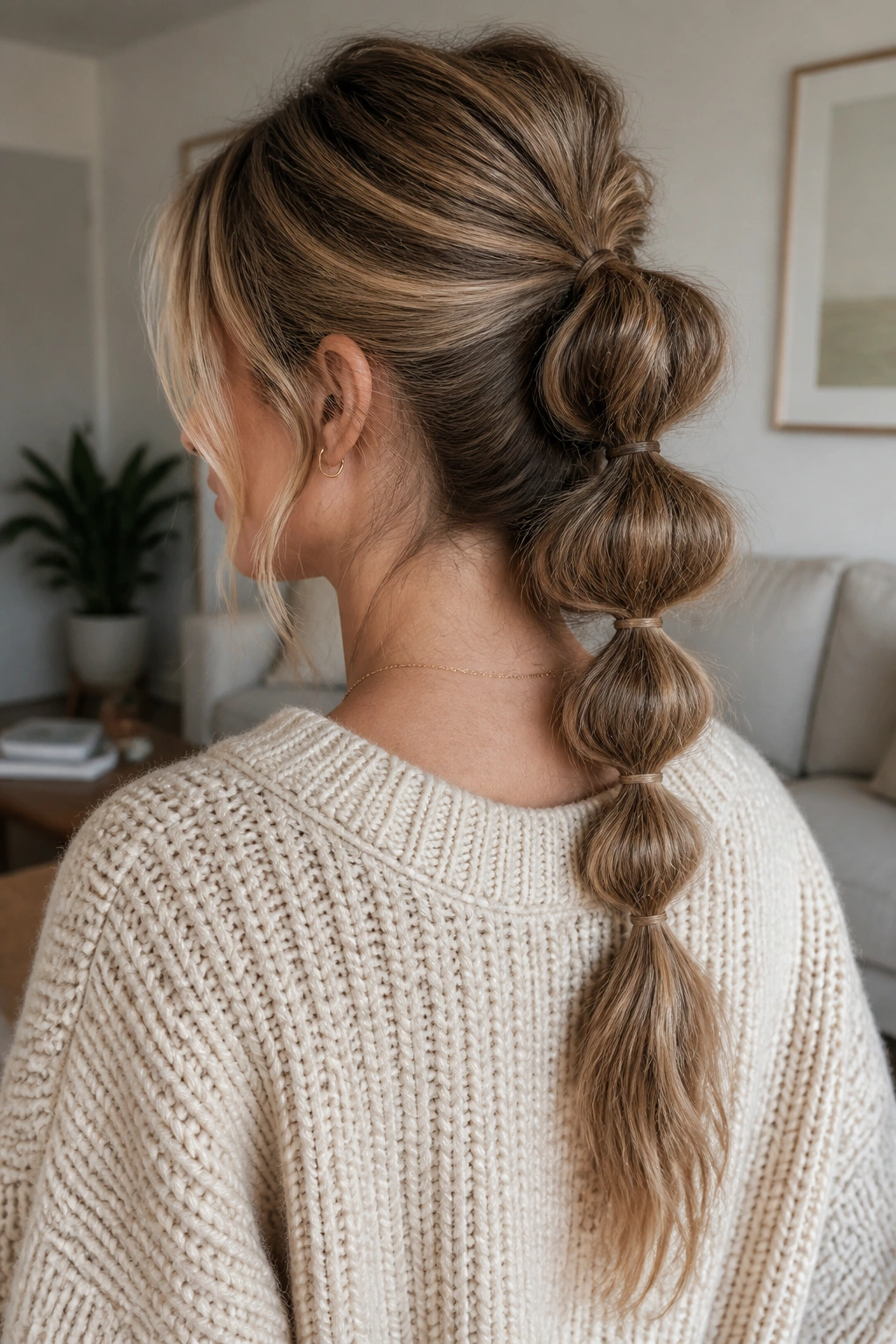 Rear-three-quarter view of a woman with a bubble braid and loosened sections.
