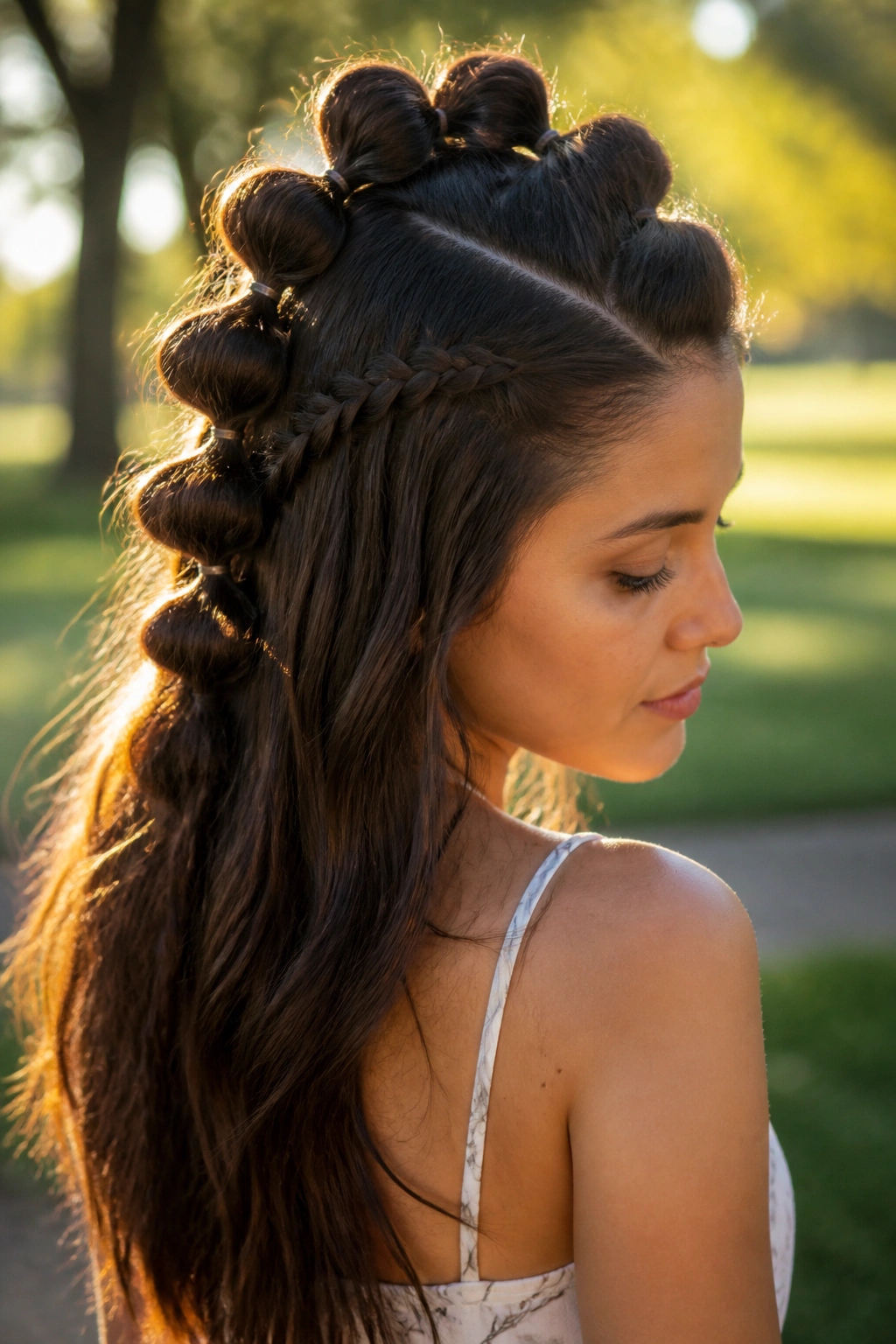 Real person with bubble braids and plaited base in sunny park