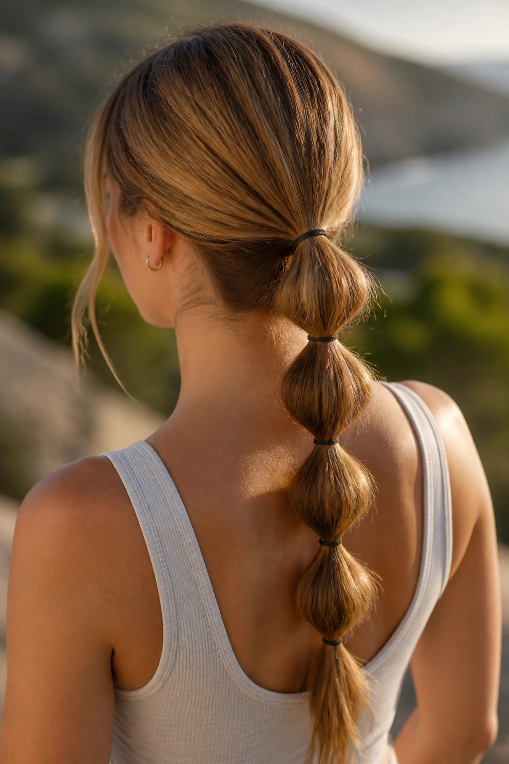 Back-of-head view of real person with bubble braid along the ponytail