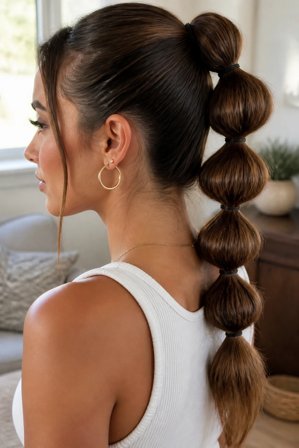 Close-up of a real woman with a bubble ponytail and visible elastics along the length.