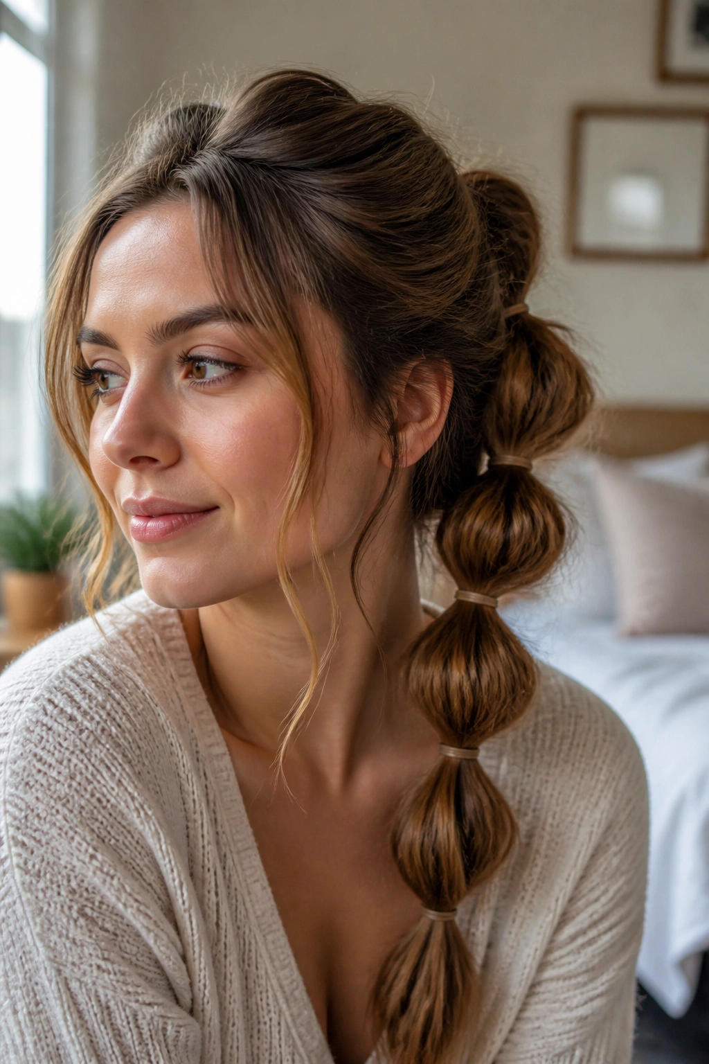 Close-up of a real woman wearing a bubble braid with soft pull-outs.