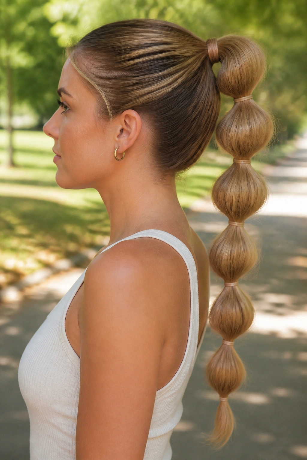 Real person with bubble braid ponytail showing rounded bubbles