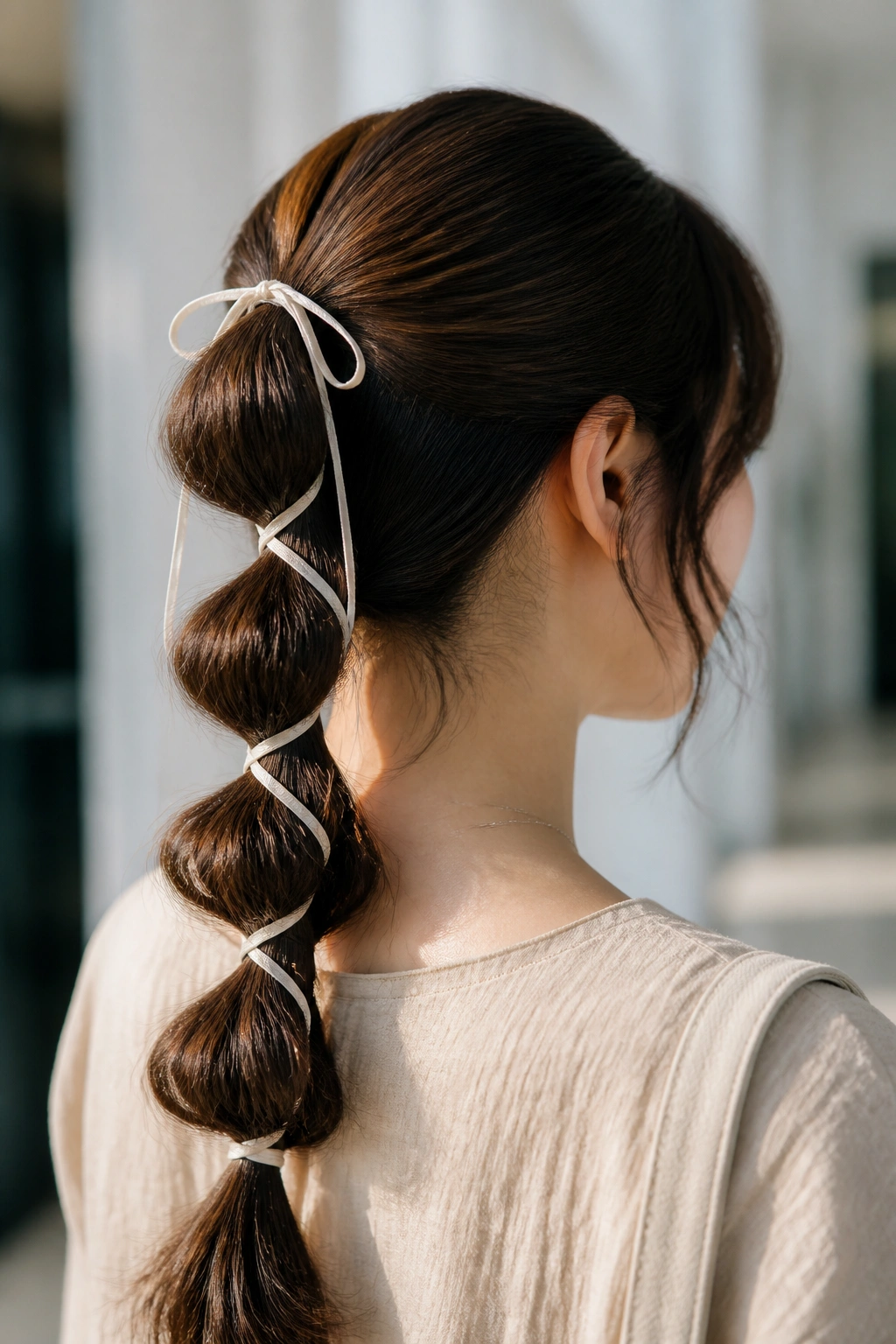 Woman with bubble braid and ribbon accent in natural light