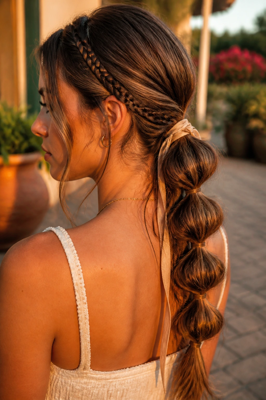 Close-up of bubble braid with tiny side braids feeding into a low ponytail in golden hour light
