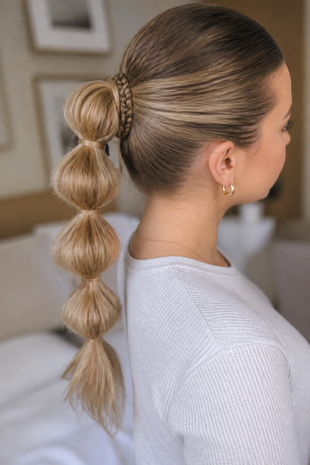 Close-up of a real woman with a bubble braid and tiny braid details in long hair