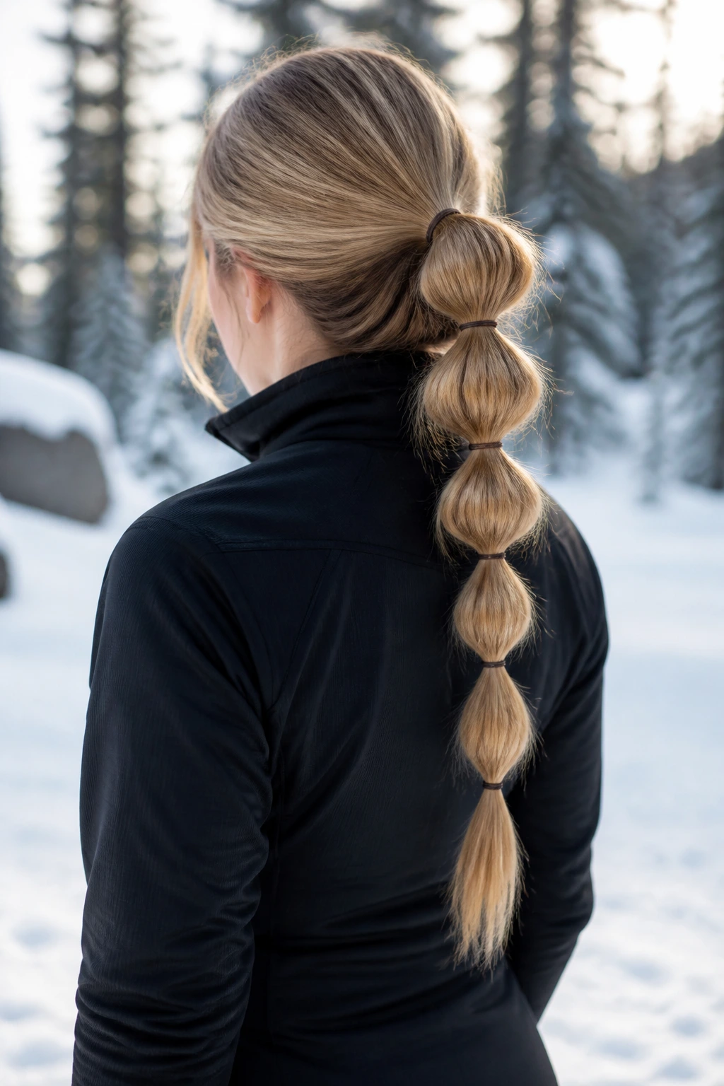 Close-up of a real person showing a bubble braid along a low ponytail