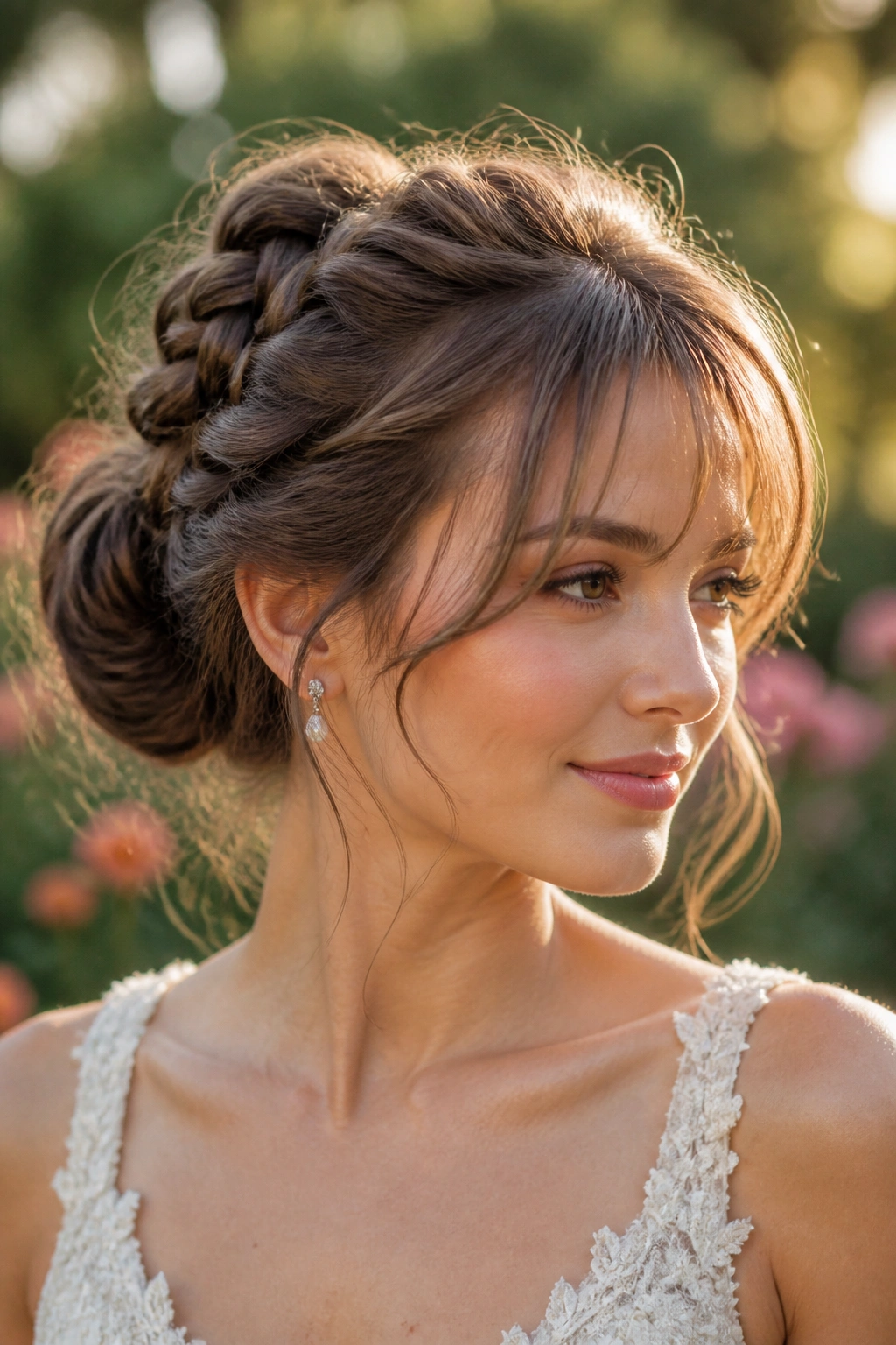 Bride with bubble-braid bun and wispy bangs in golden hour light