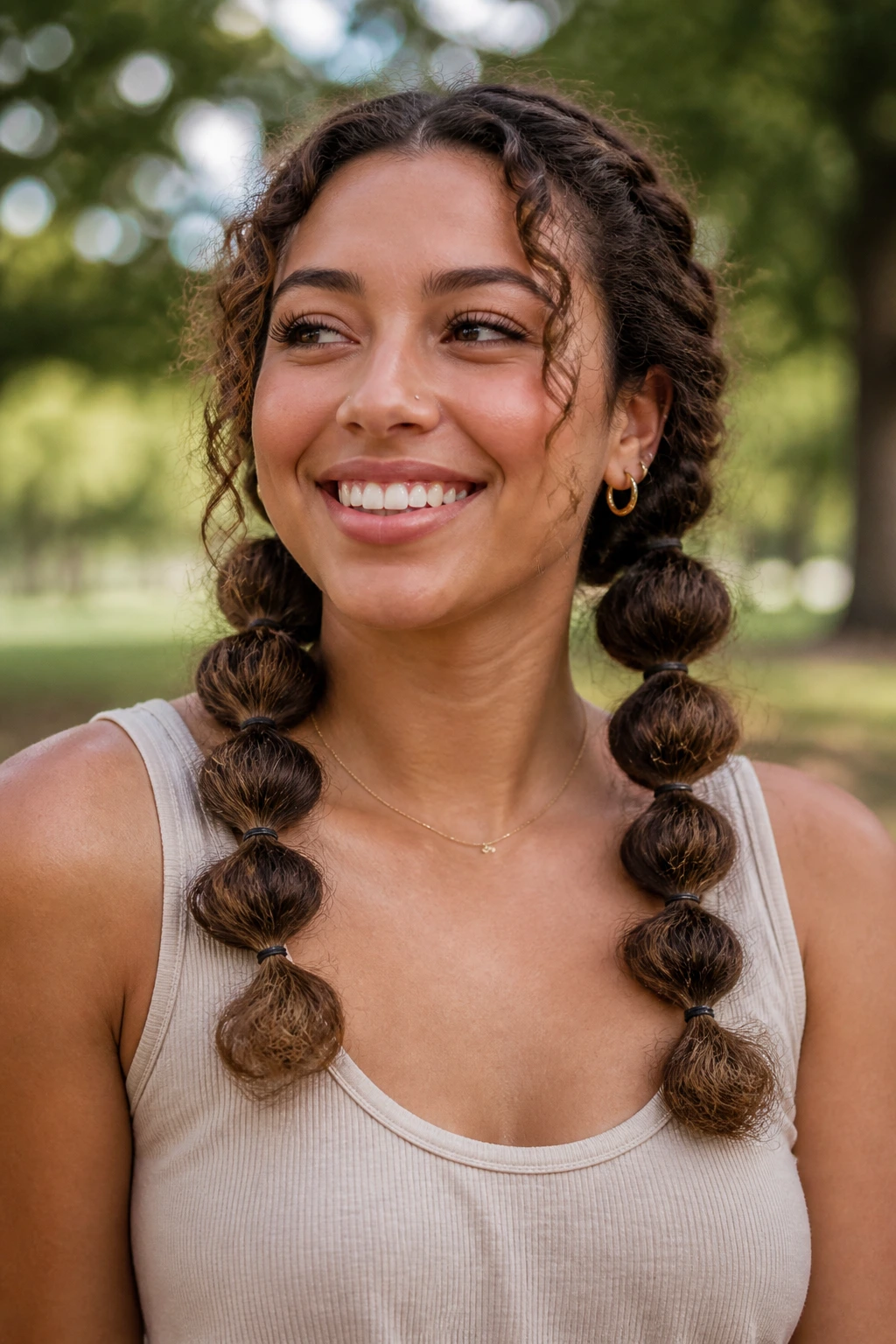 Close-up of a real person with bubble braids in natural light