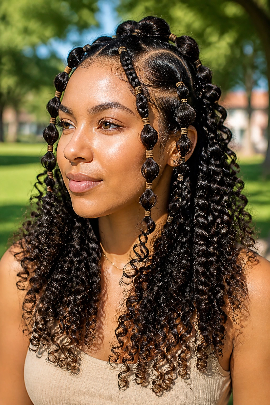 Real woman with bubble braids over curls in outdoor light