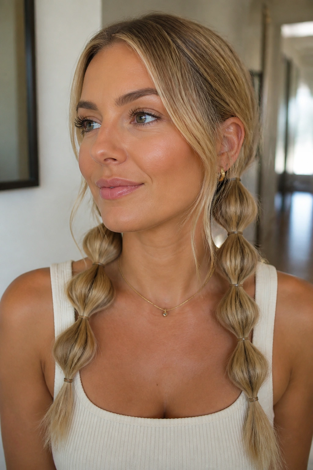 Close-up of a real woman with two low bubble braids