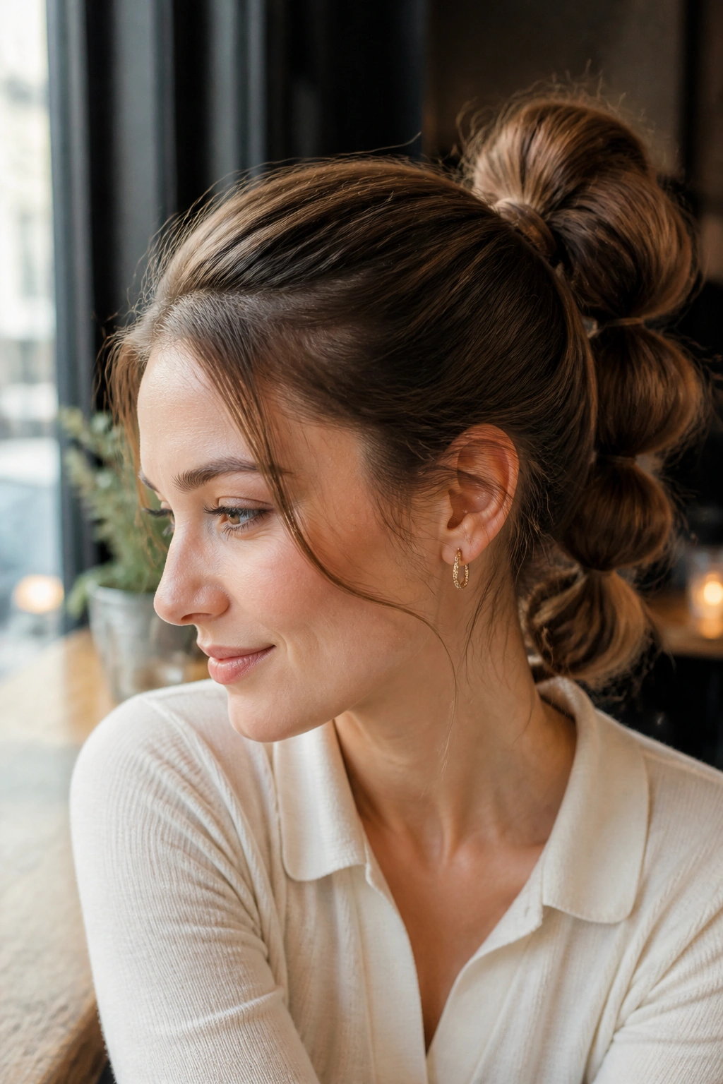 Close-up of a real woman with a bubble bun at the back of the head