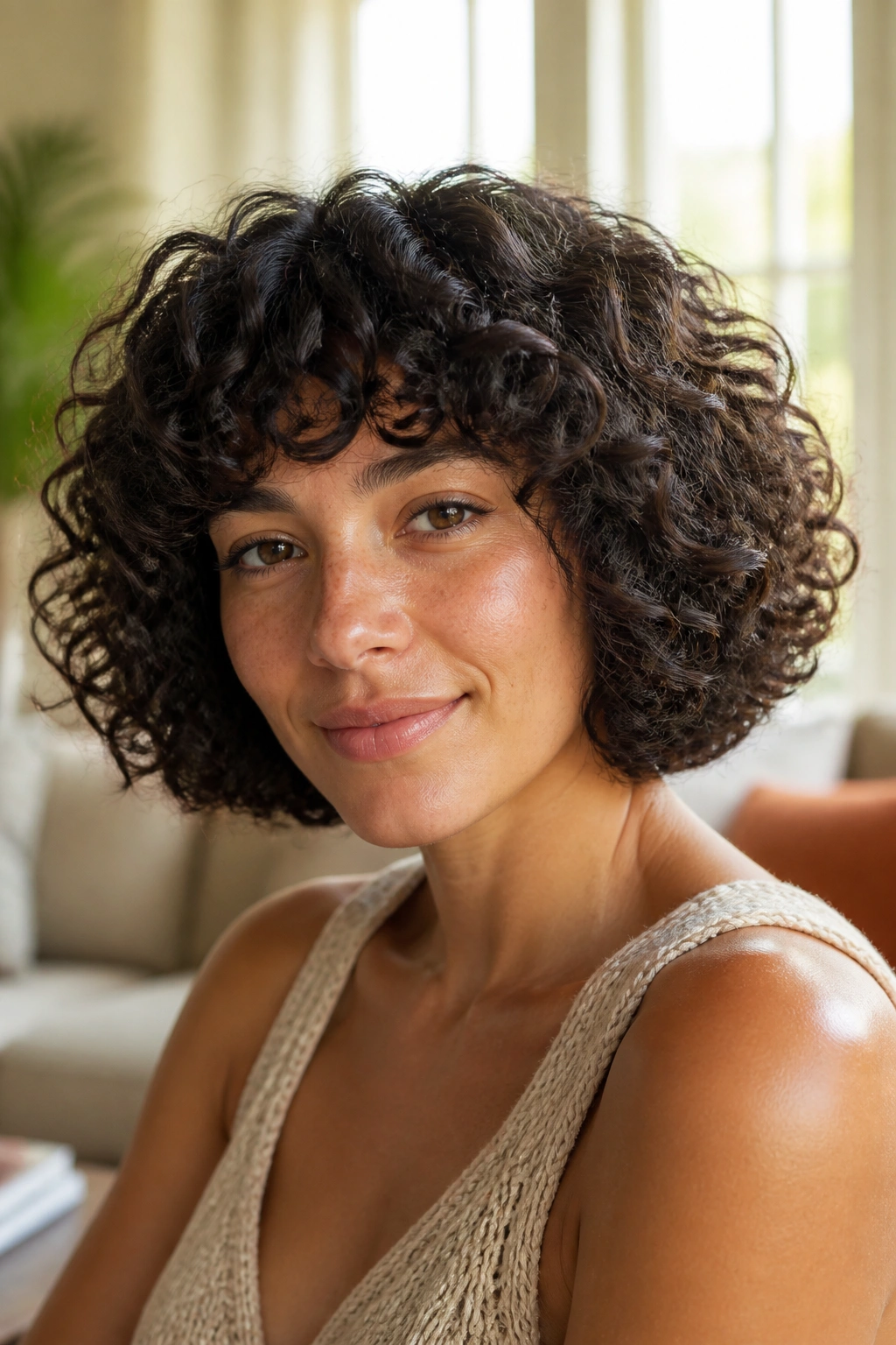Close-up portrait of a real woman with a bubble curly bob and buoyant curls