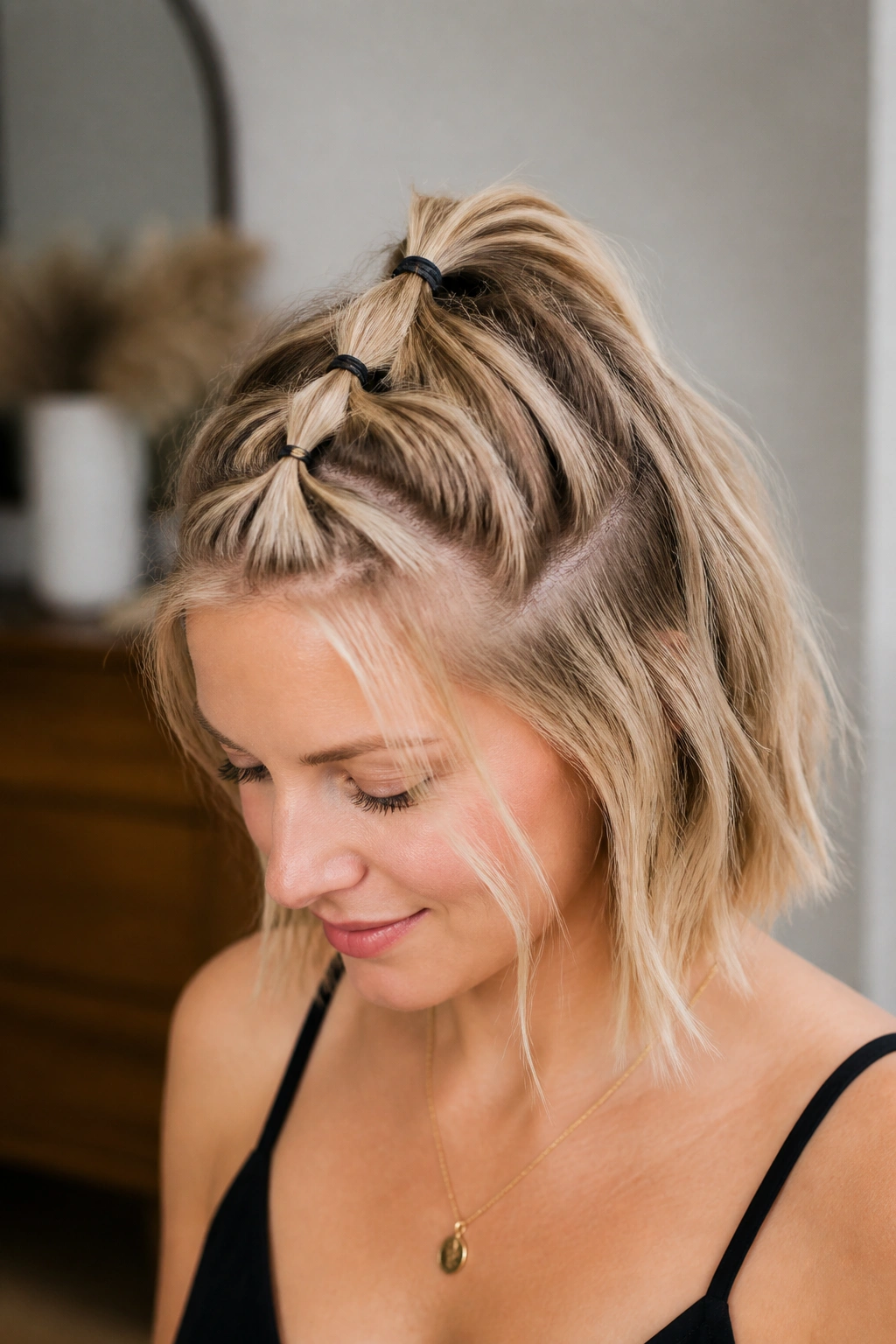 Close-up of real woman with a bubble half pony on fine hair