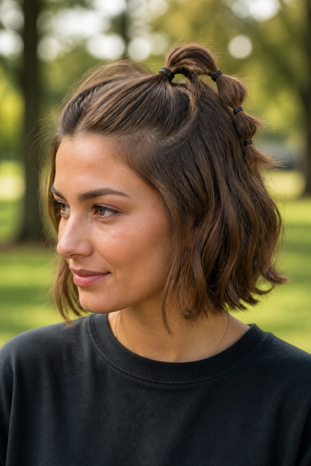 Real woman with a bubble half pony on bob-length hair outdoors