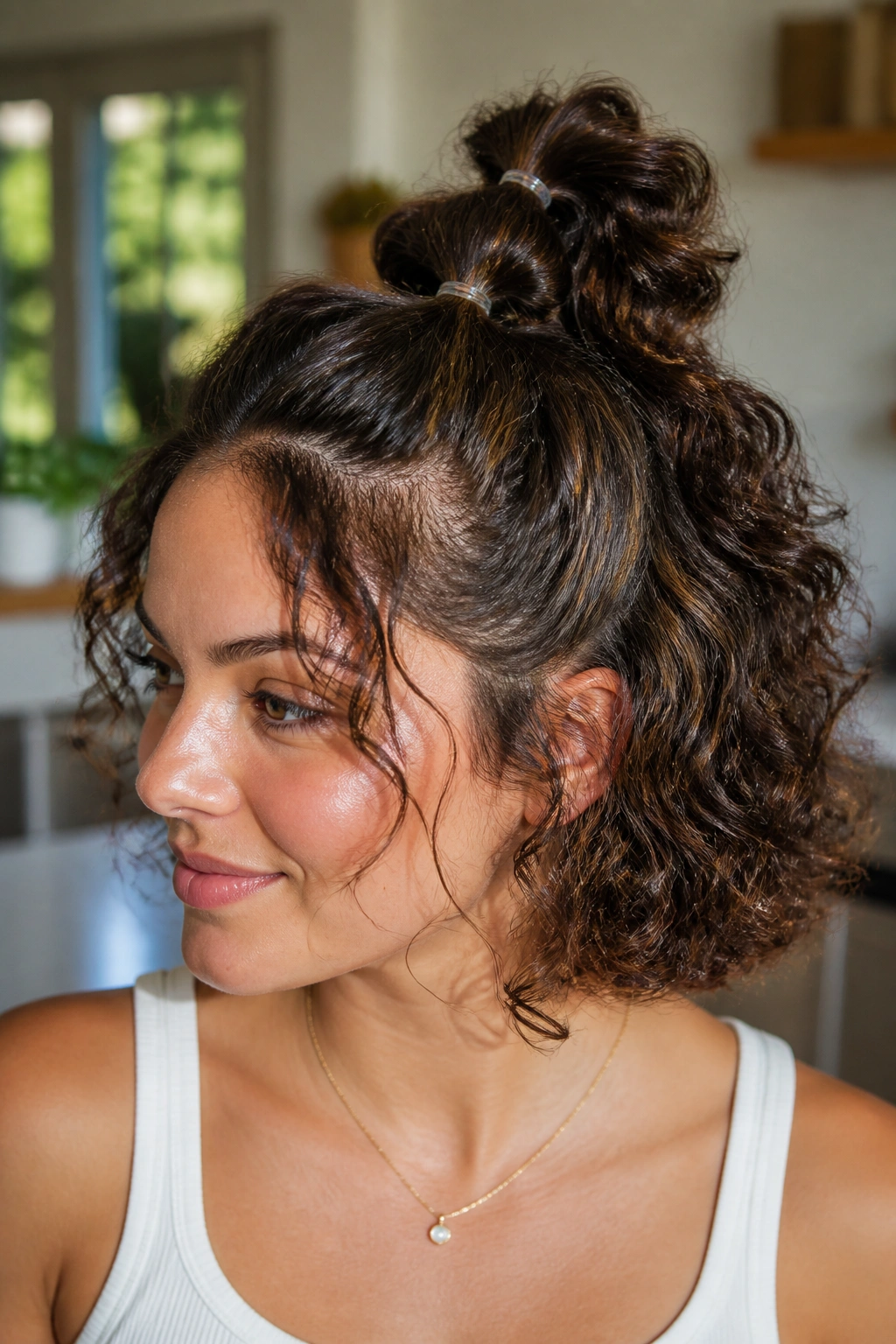 Close-up of a woman with a bubble half pony using clear elastics on a curly bob
