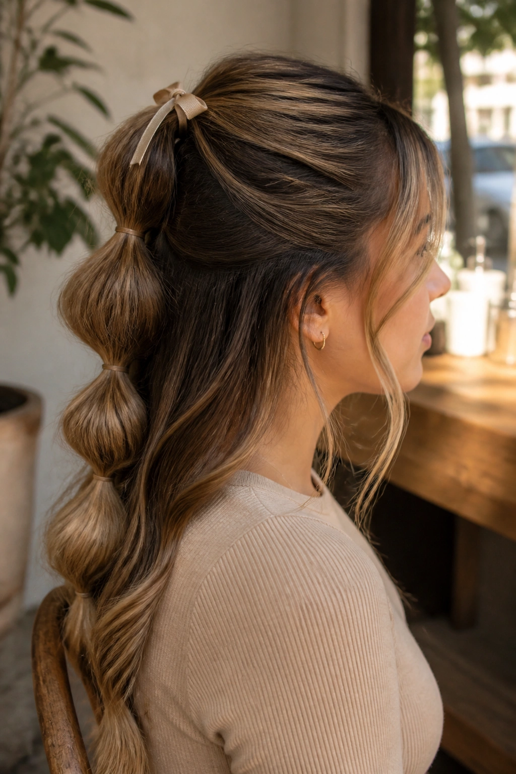 Close-up profile of a real woman with a bubble half ponytail hairstyle