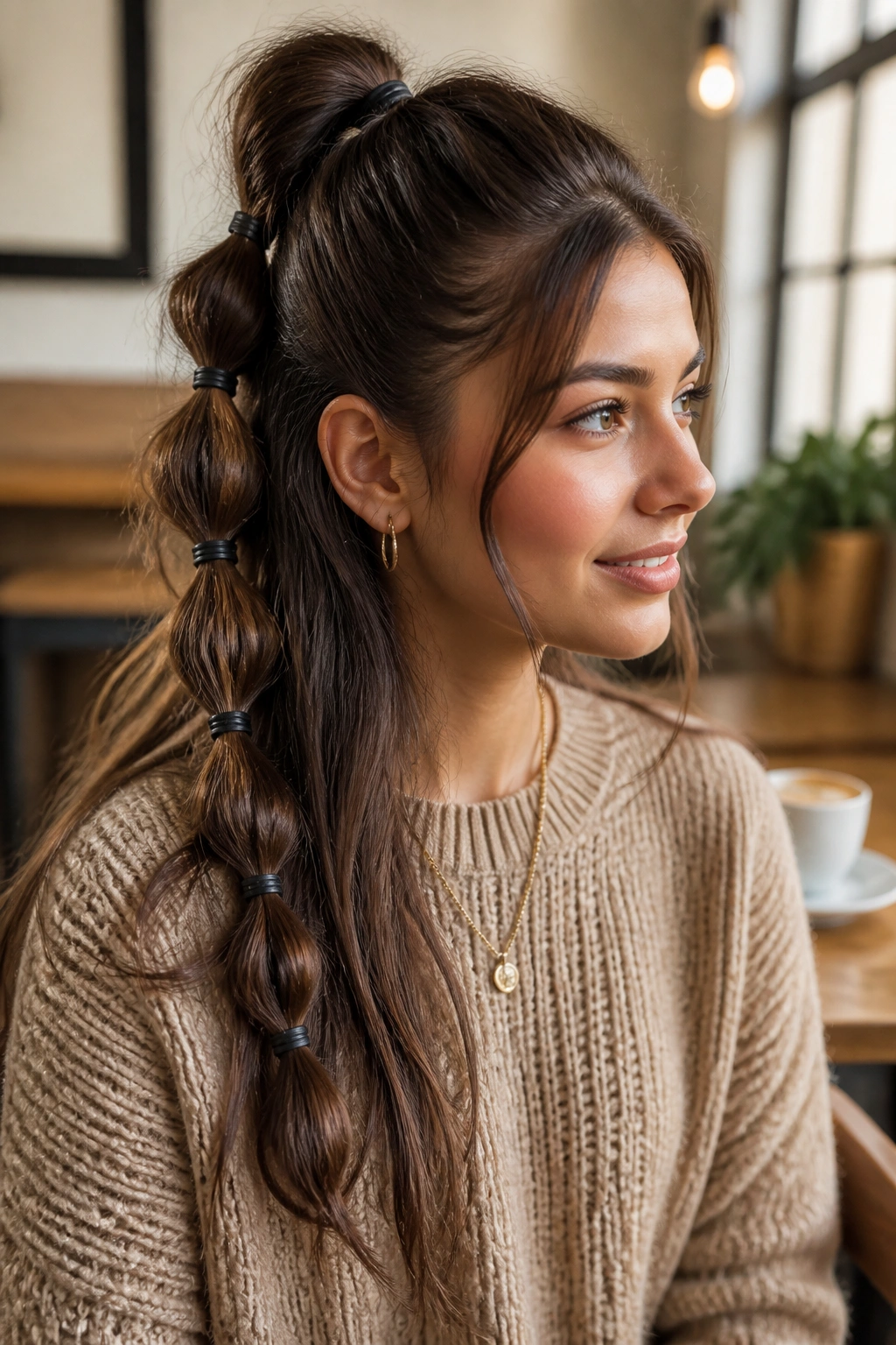 Close-up of a woman with a bubble half ponytail in a cozy cafe