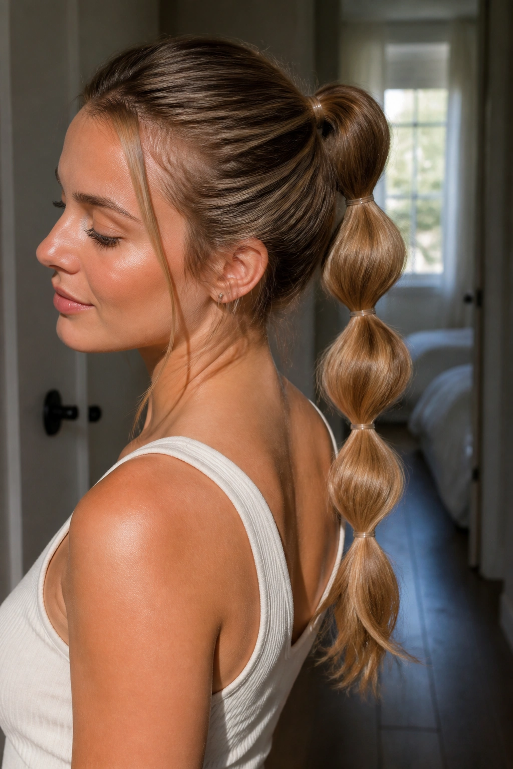 Close-up of a real woman with a bubble ponytail