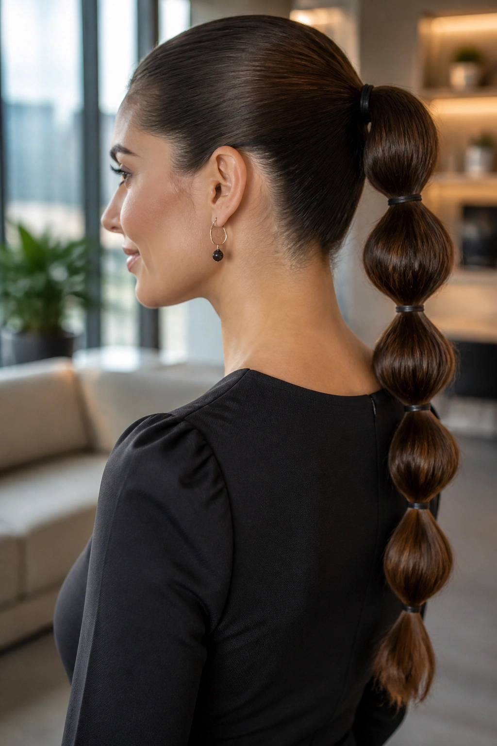 Close-up of a real woman’s bubble ponytail in an office lounge setting