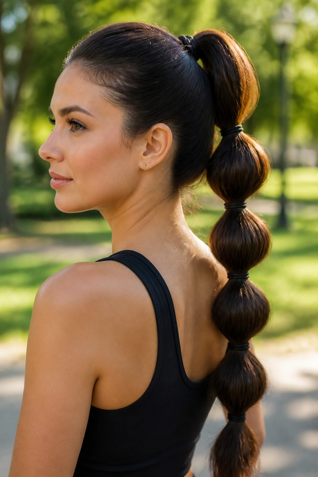 Real woman with a bubble ponytail featuring defined elastic segments