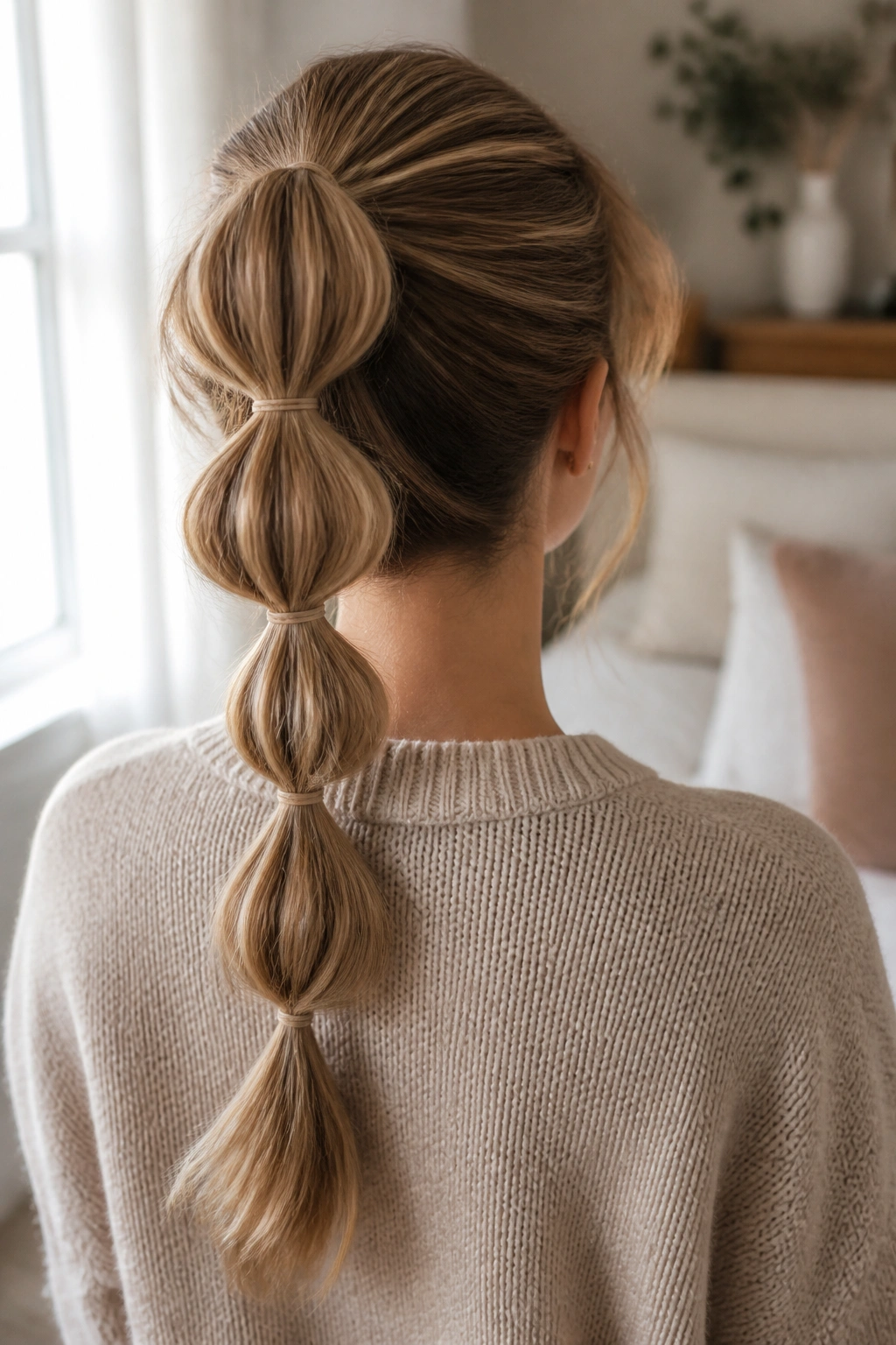 Back view of a real woman with a bubble ponytail