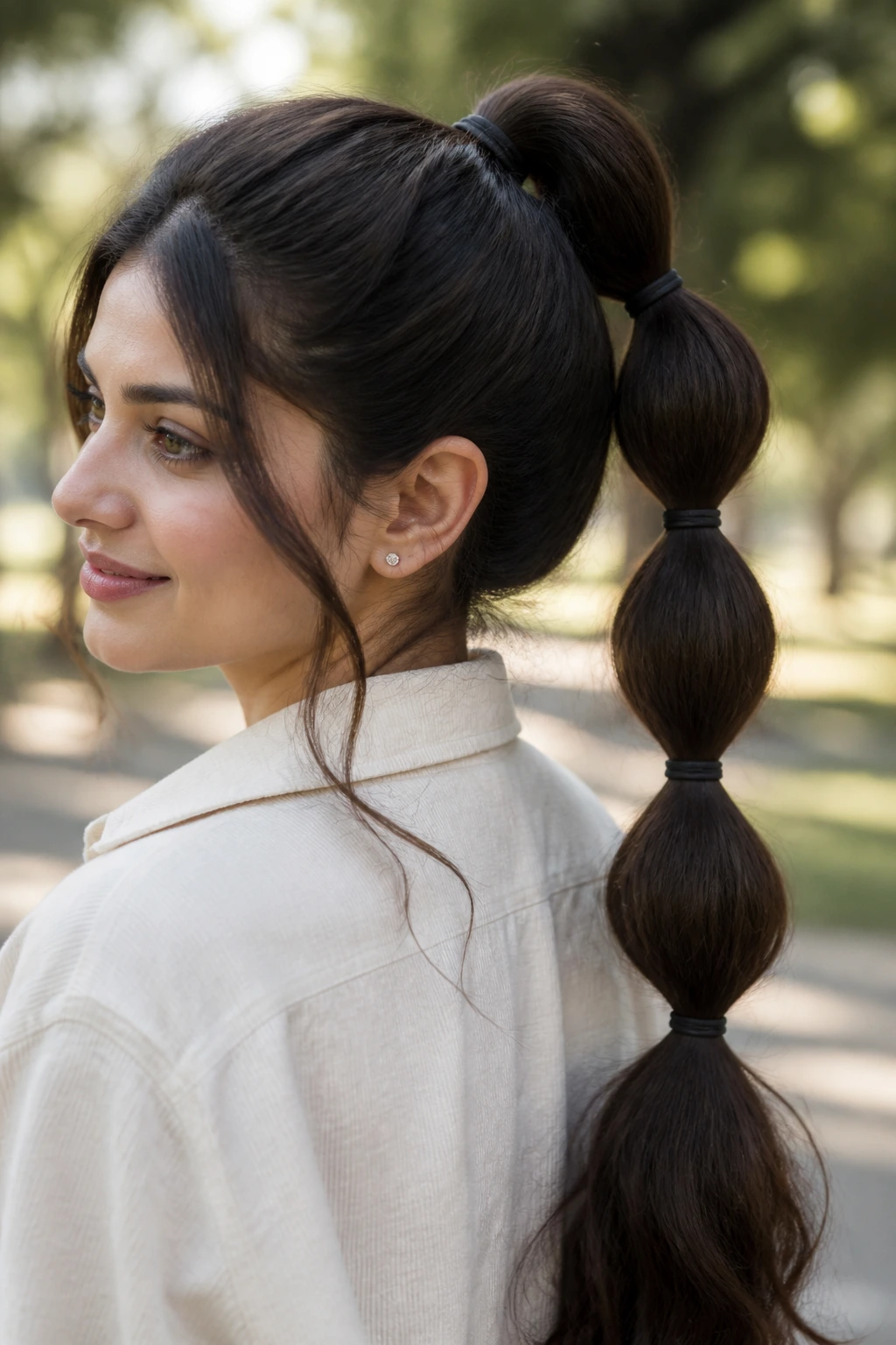 Close-up of a real woman with a bubble ponytail featuring plush segmented sections