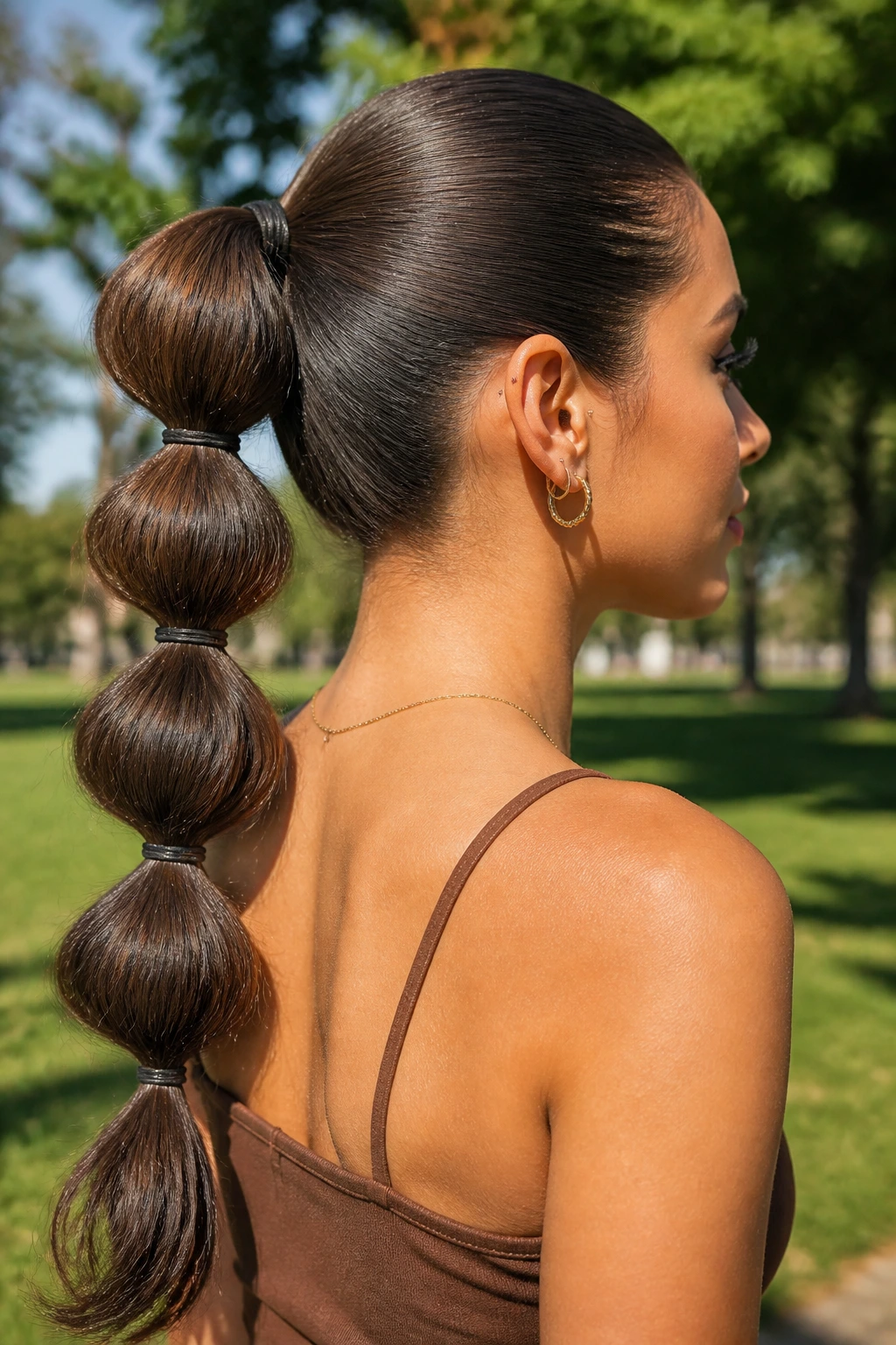 Close-up of a real person with a bubble ponytail showing bubbly segments