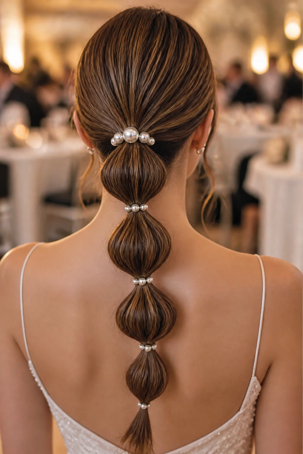 Back of head showing bubble ponytail with pearl pins on a real person.