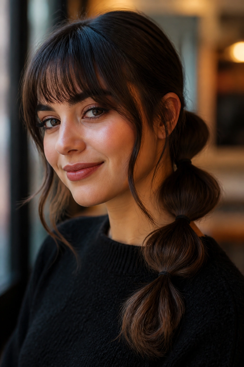 Close-up of a real woman with a bubble ponytail and bangs.
