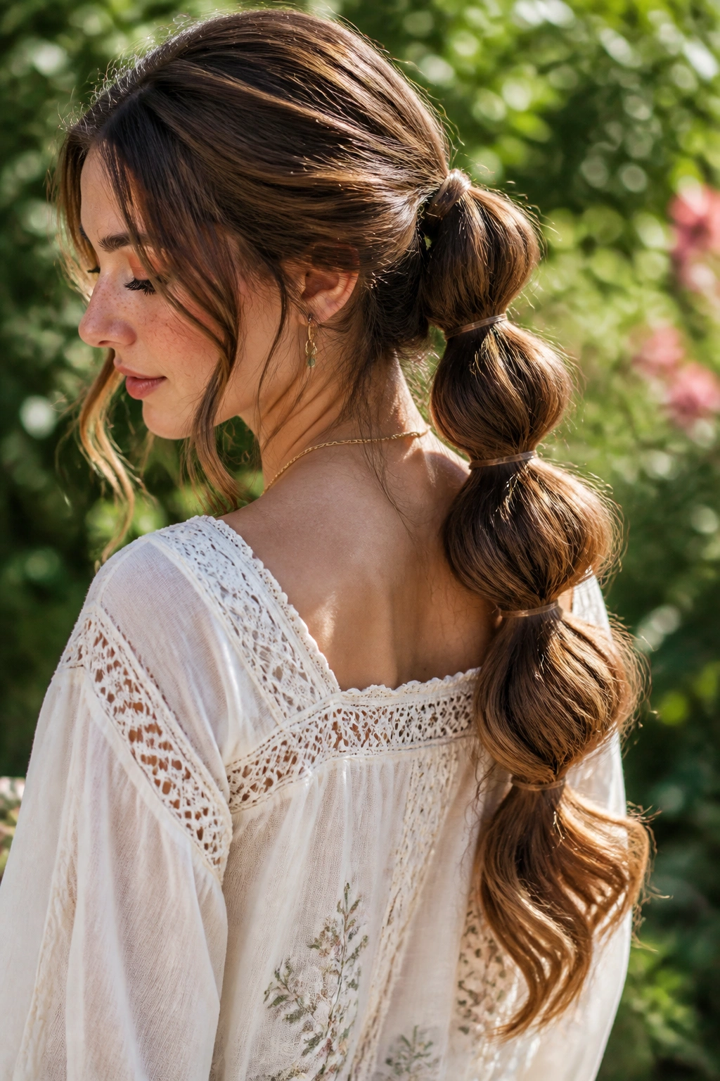 Close-up of a real woman with a bubble ponytail and curled ends