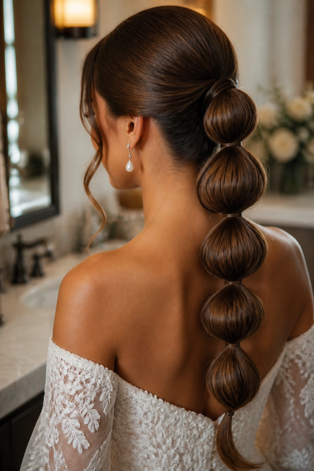 Close-up rear view of a real bride with a bubble ponytail.