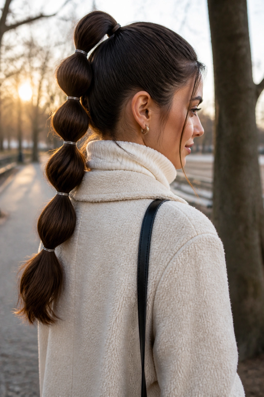 Brunette woman with a bubble ponytail in winter sunlight