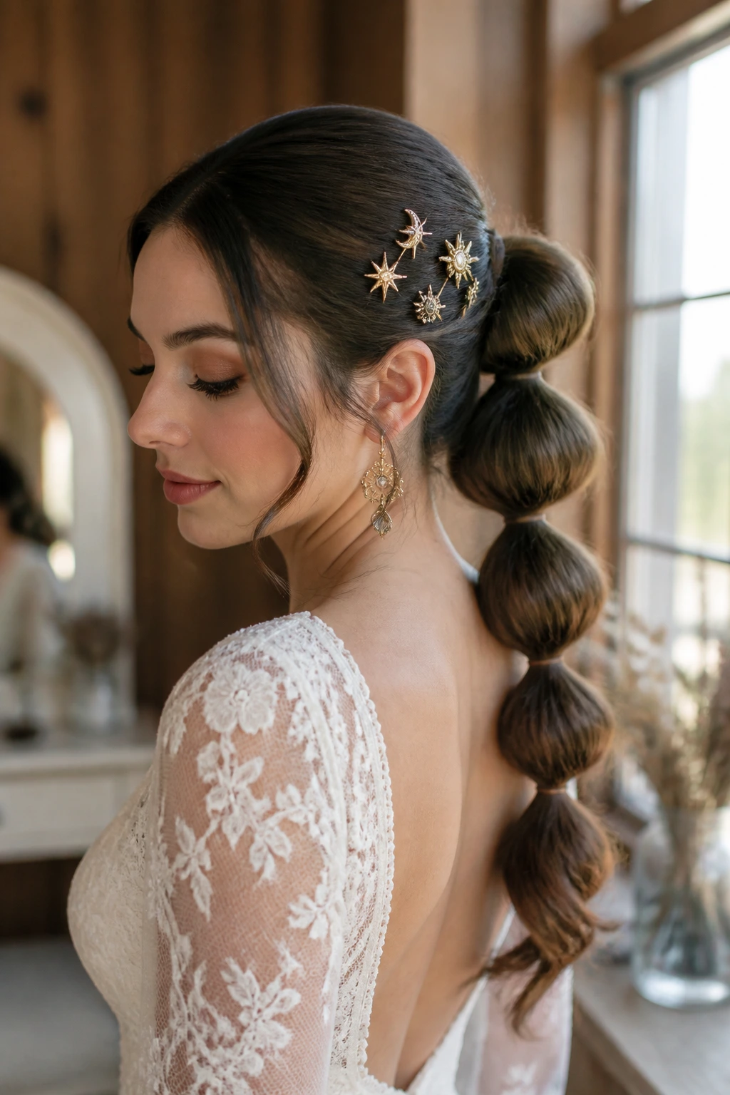 Close-up of a bride's bubble ponytail with evenly spaced bubbles and celestial pins