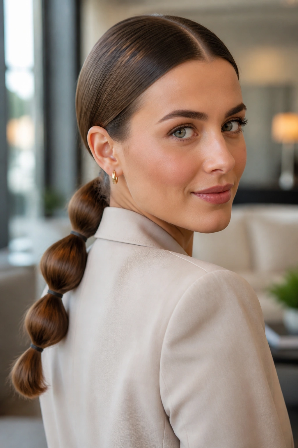 Close-up of a real woman with a low bubble ponytail and center part at the nape.