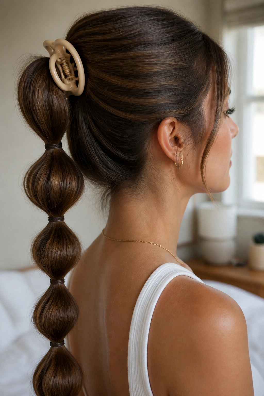 Close-up of a real woman with a bubble ponytail secured by a claw clip.