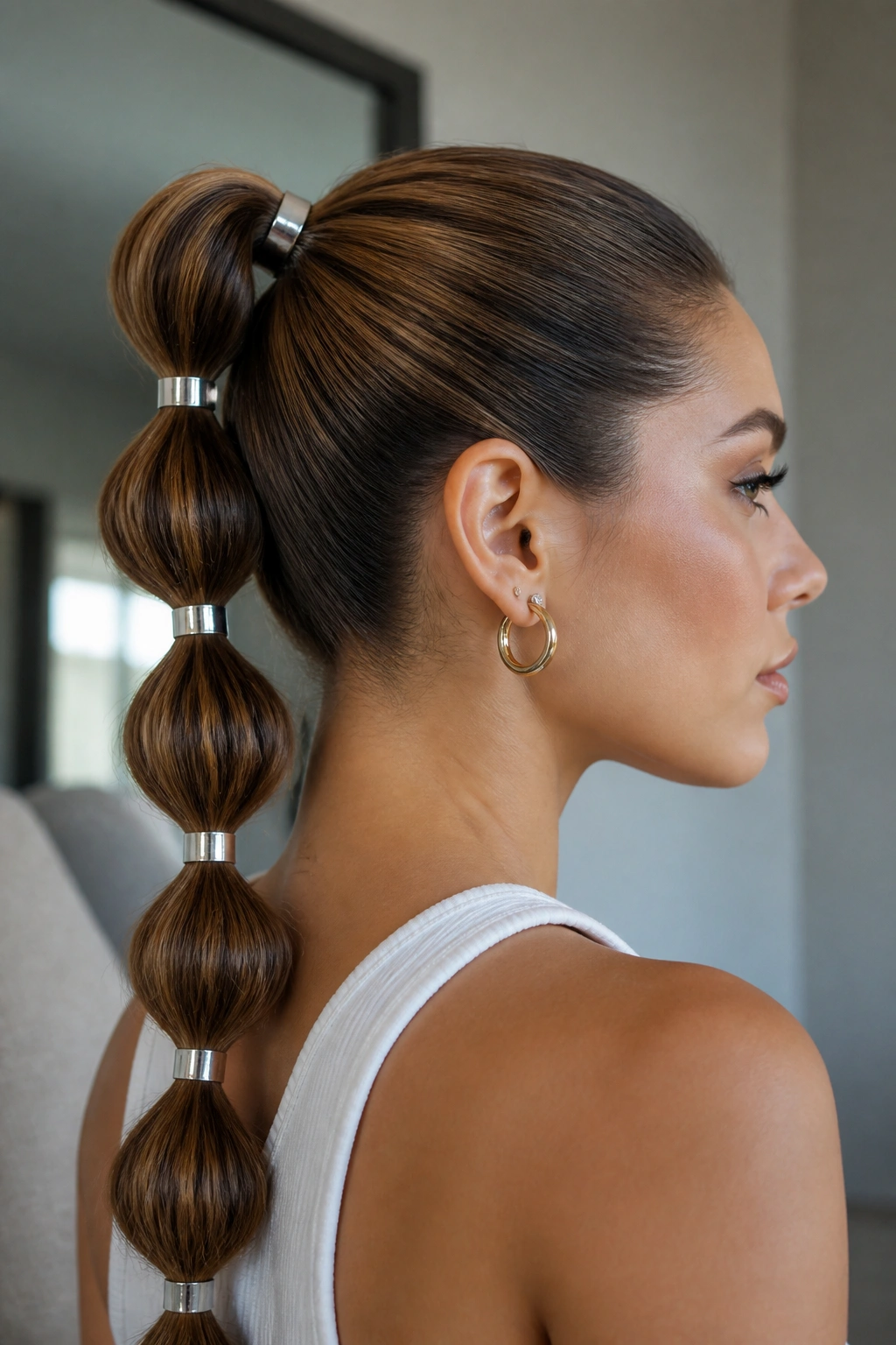 Close-up of a real woman with a bubble ponytail and metal cuffs in a modern interior