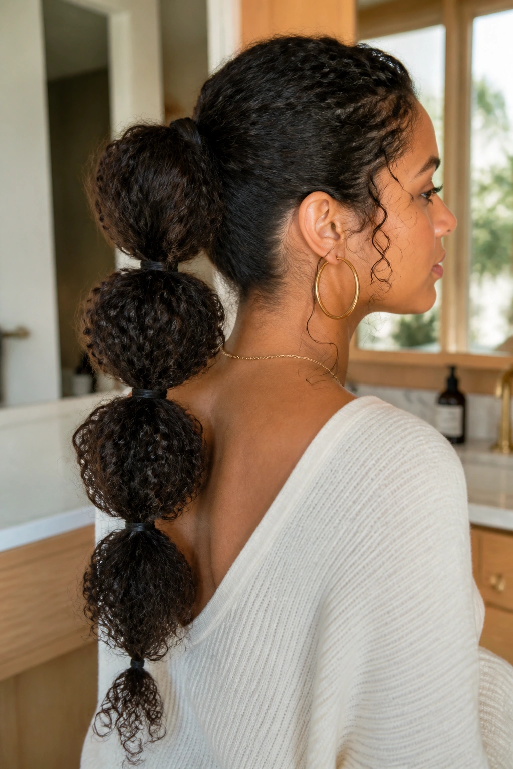 Close-up of a real woman with a bubble ponytail on natural curls, clearly defined elastic bubbles along the ponytail