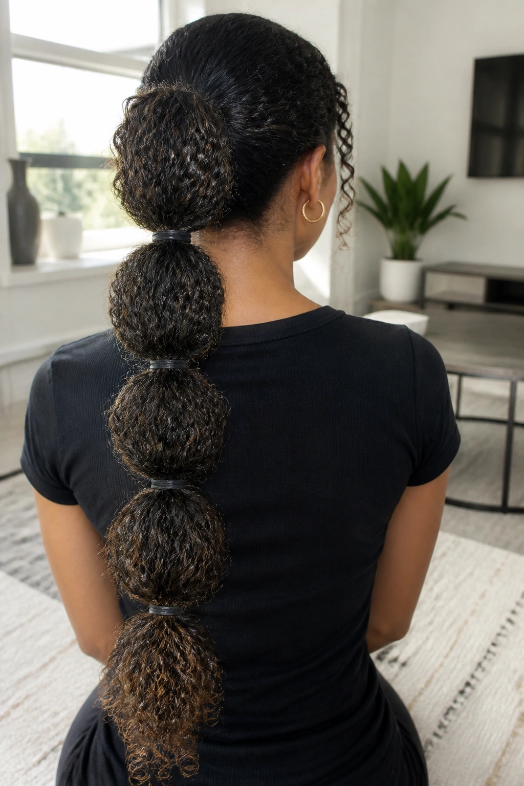 Back view of a real person with a bubble ponytail on curls