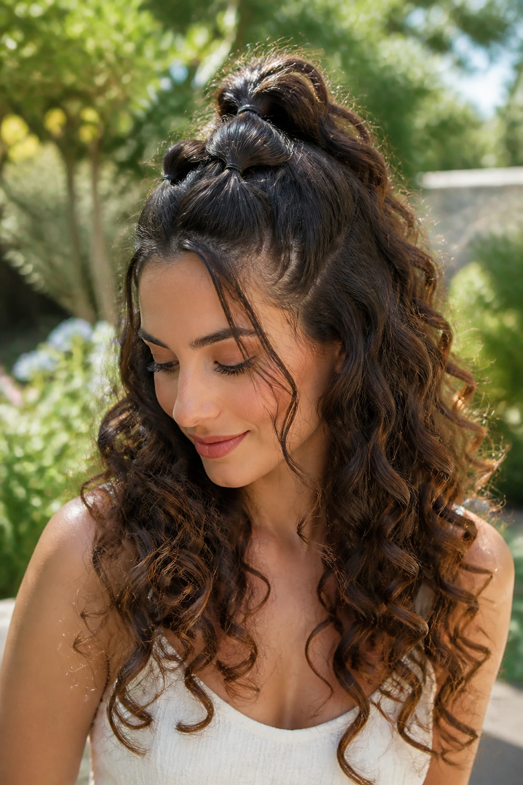 Medium close-up of a real woman with a bubble half-up ponytail on long curly hair