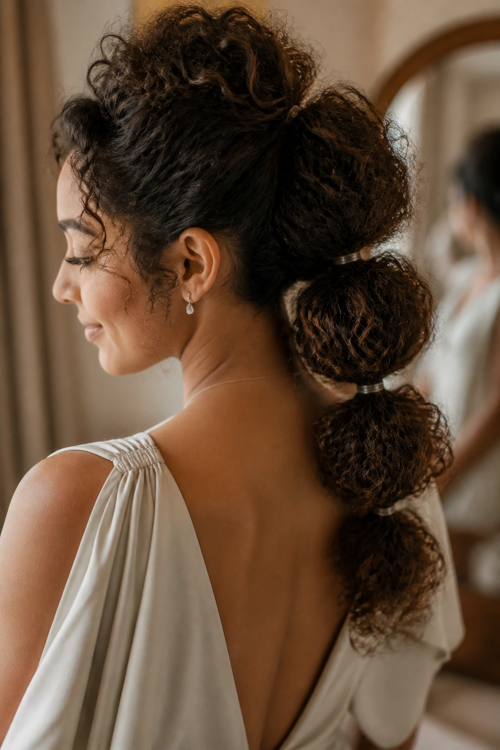 Close-up of a real person with a bubble ponytail on curly hair
