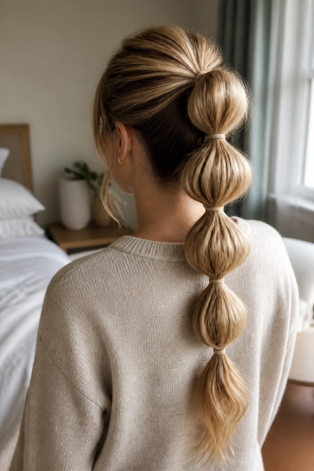 Back view of a real woman with a bubble ponytail featuring loose cushion bubbles