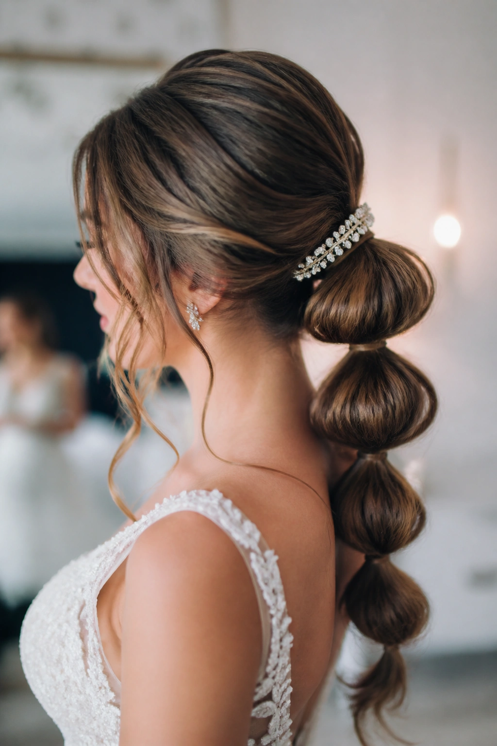 Close-up of a bride's bubble ponytail with a delicate tiara at the base