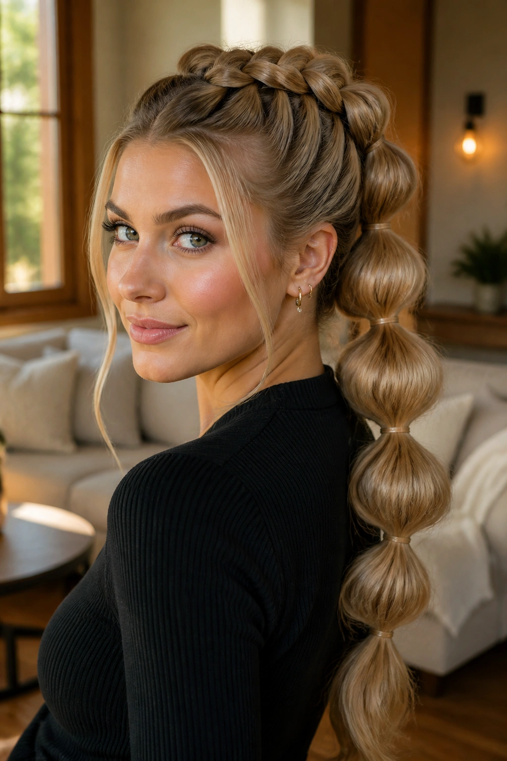 Close-up of a real woman with a bubble ponytail and Dutch braid base in a cozy indoor setting