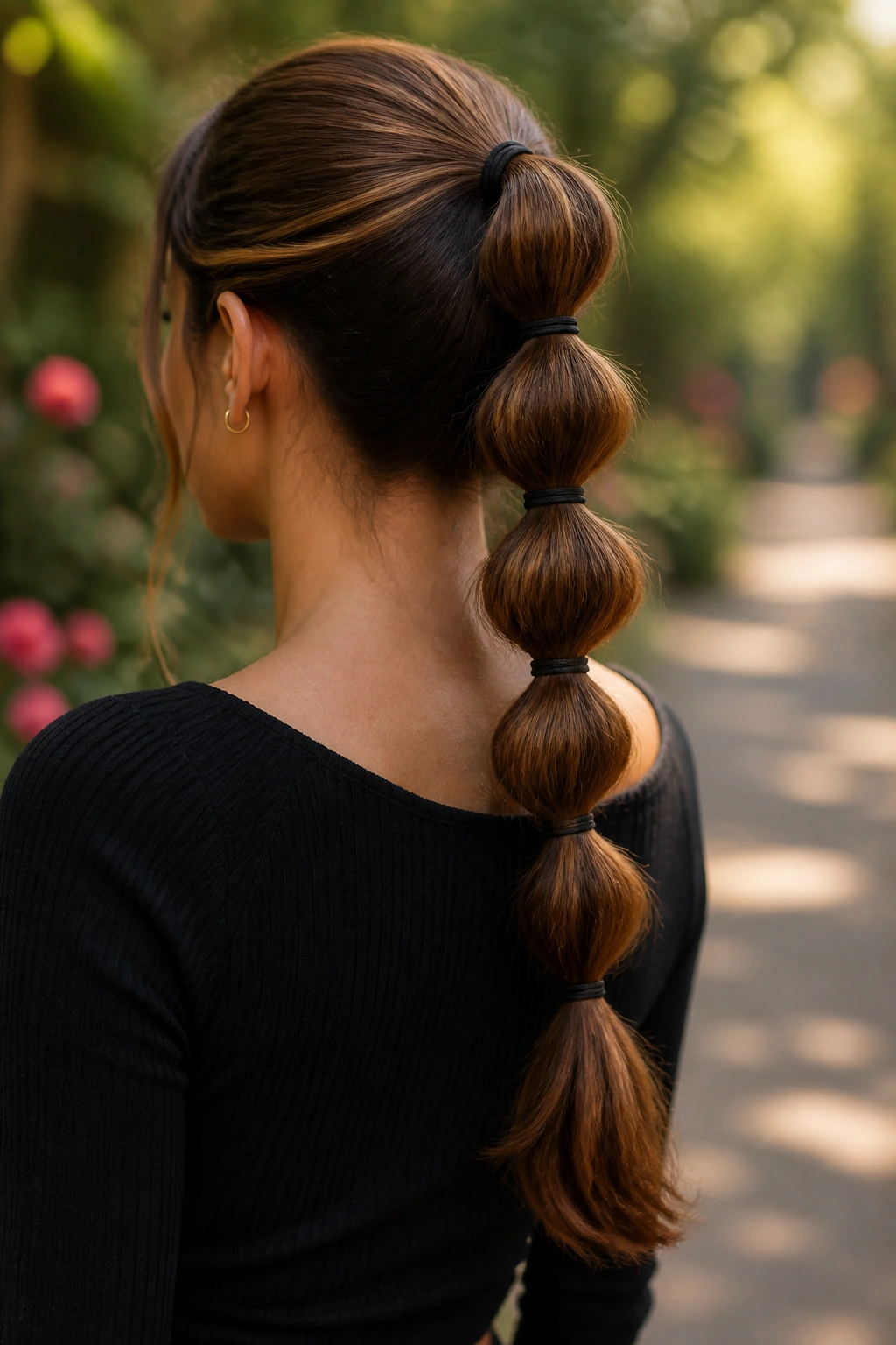 Back view of a real woman with a bubble ponytail featuring rounded elastic segments