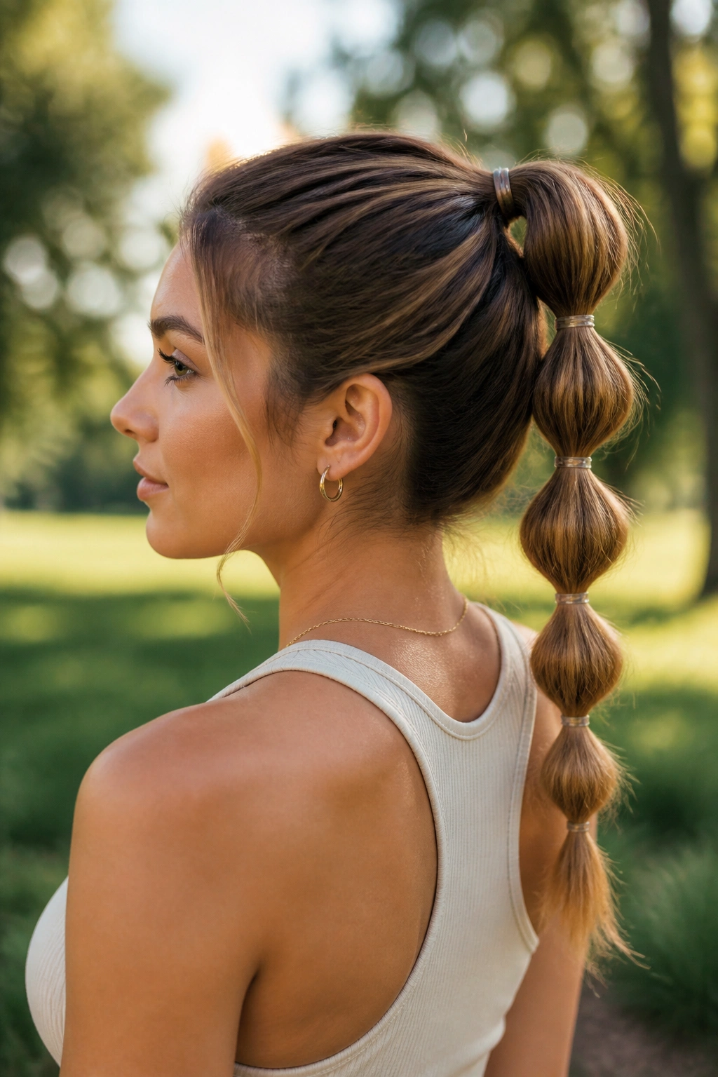 Close-up of a real woman with a bubble ponytail made of elastic segments.