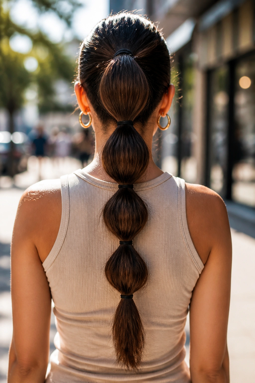 Back view of a woman with a bubble ponytail featuring bubble sections.