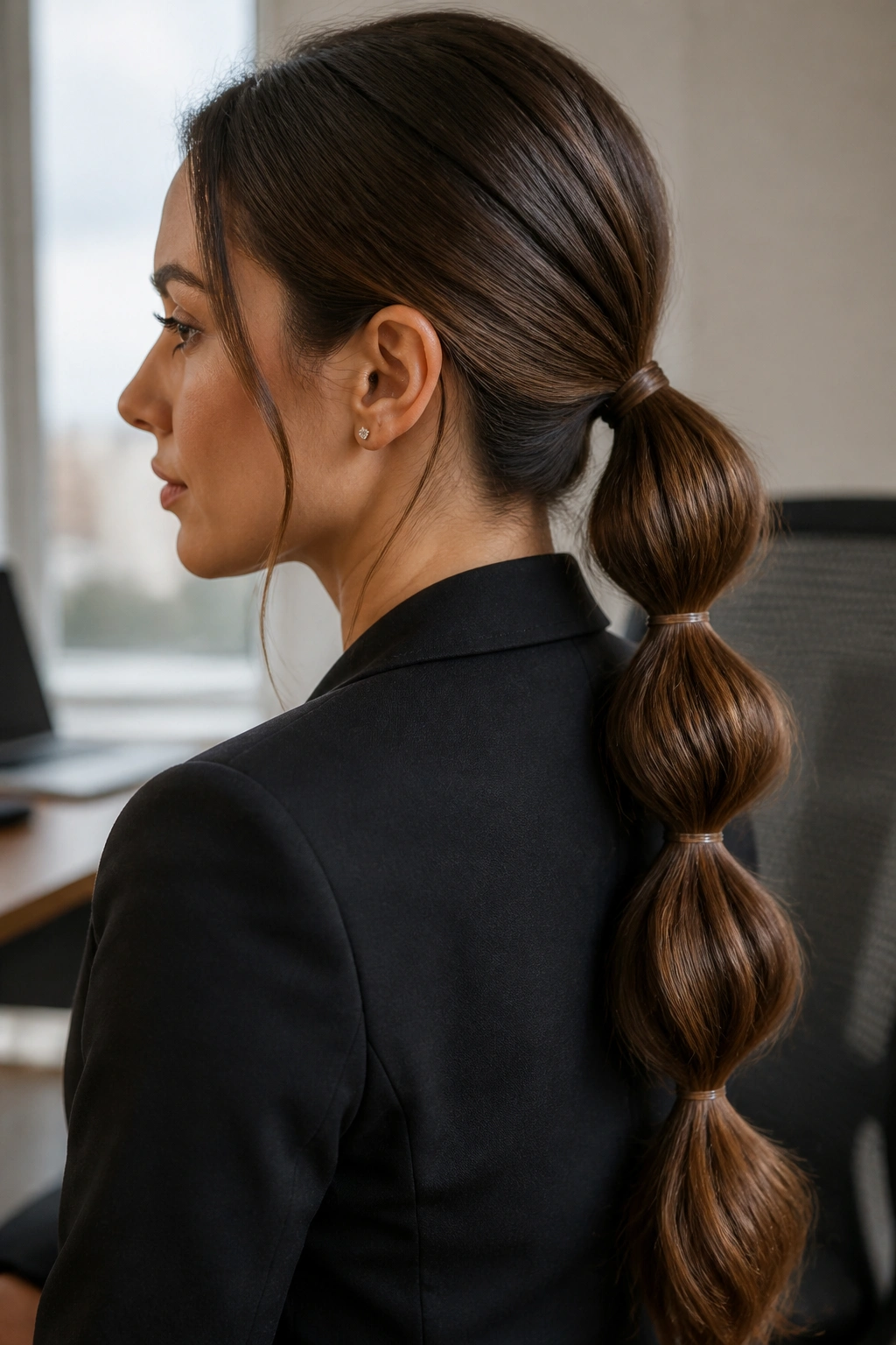 Close-up of a real woman with a bubble low ponytail formed by evenly spaced elastics along the tail.