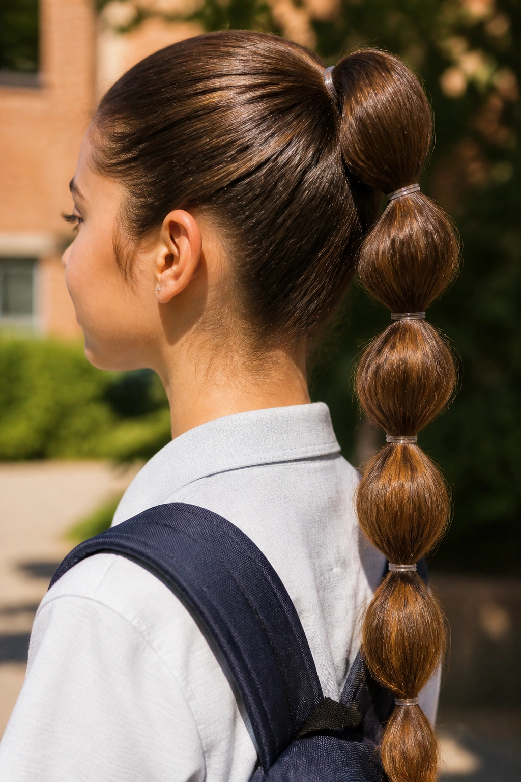 Close-up of a student with a bubble ponytail showing elastic bubbles