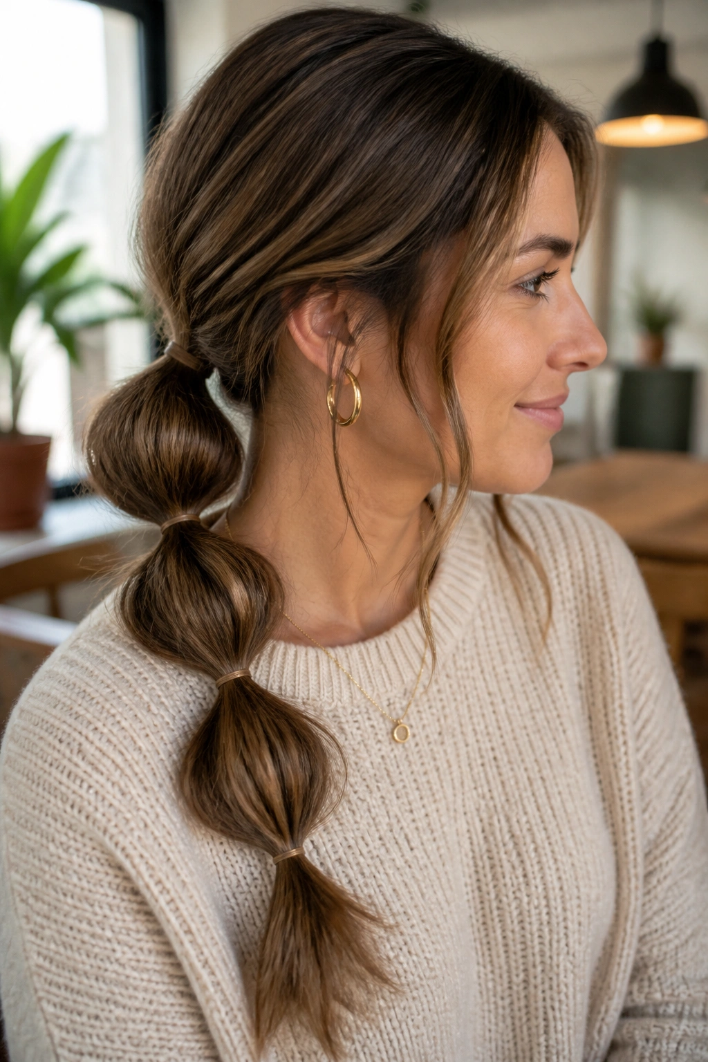 Real woman with a low, loose bubble ponytail suitable for everyday wear.