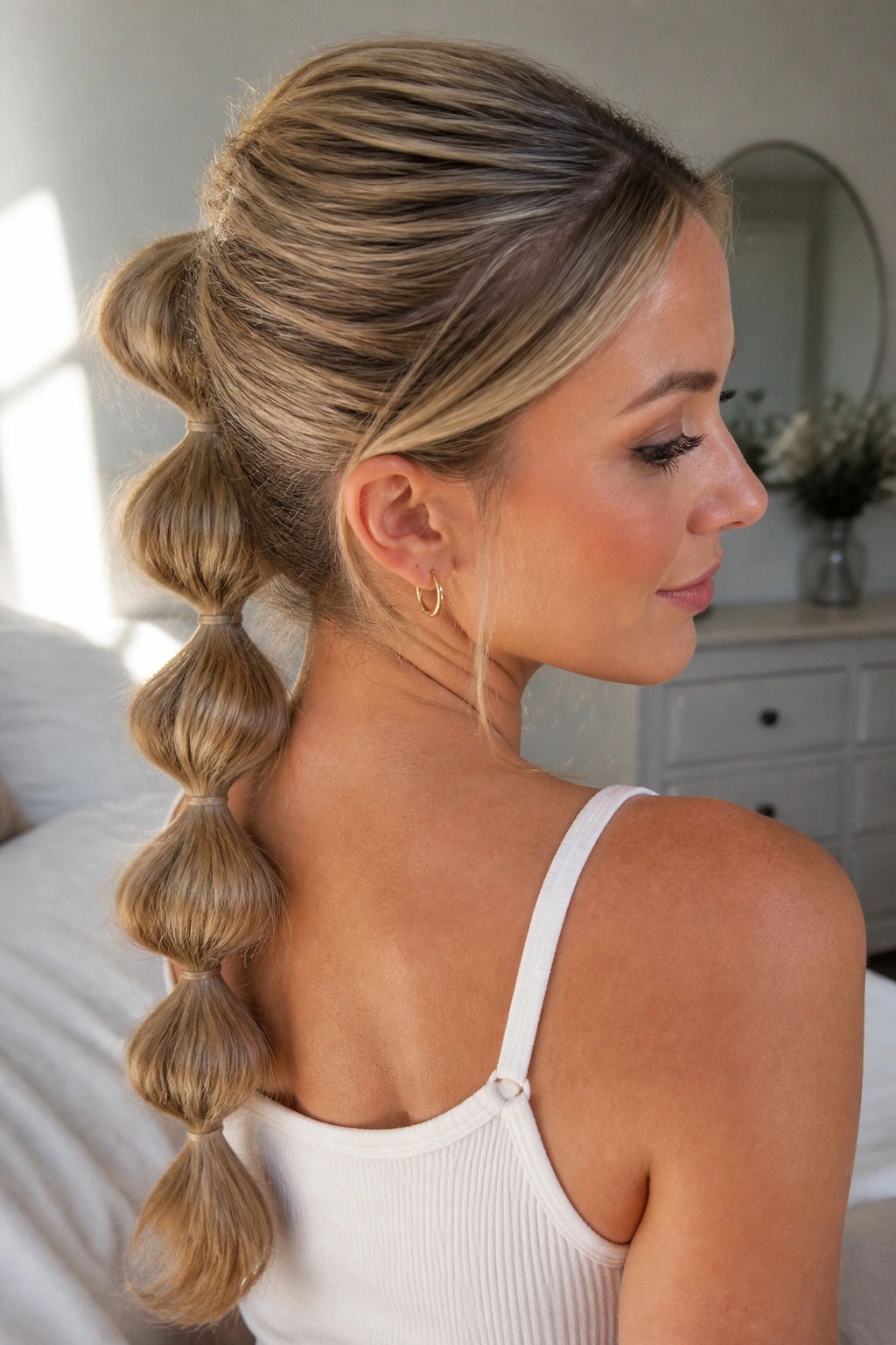 Real woman with fine-hair bubble ponytail showing lifted bubbles and hidden elastics.